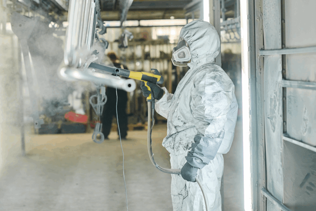 A person applying powder coating to precision machined parts - AC Fabrication and Assembly - Agricultural Equipment Manufacturers